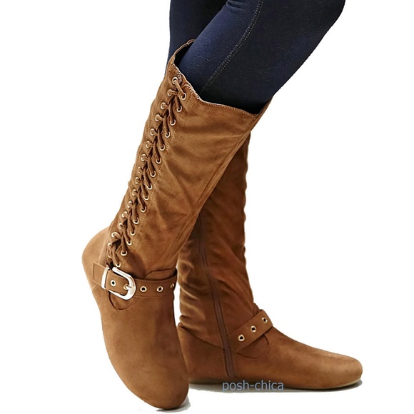 New Tan Vegan Suede Side Lace Mid Calf Riding Boot